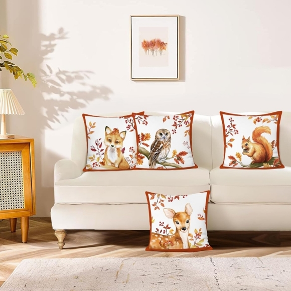 4 Fall woodland animals pillow pillowcovers pillowcase set fox deer squirrel owl - Picture 3 of 5